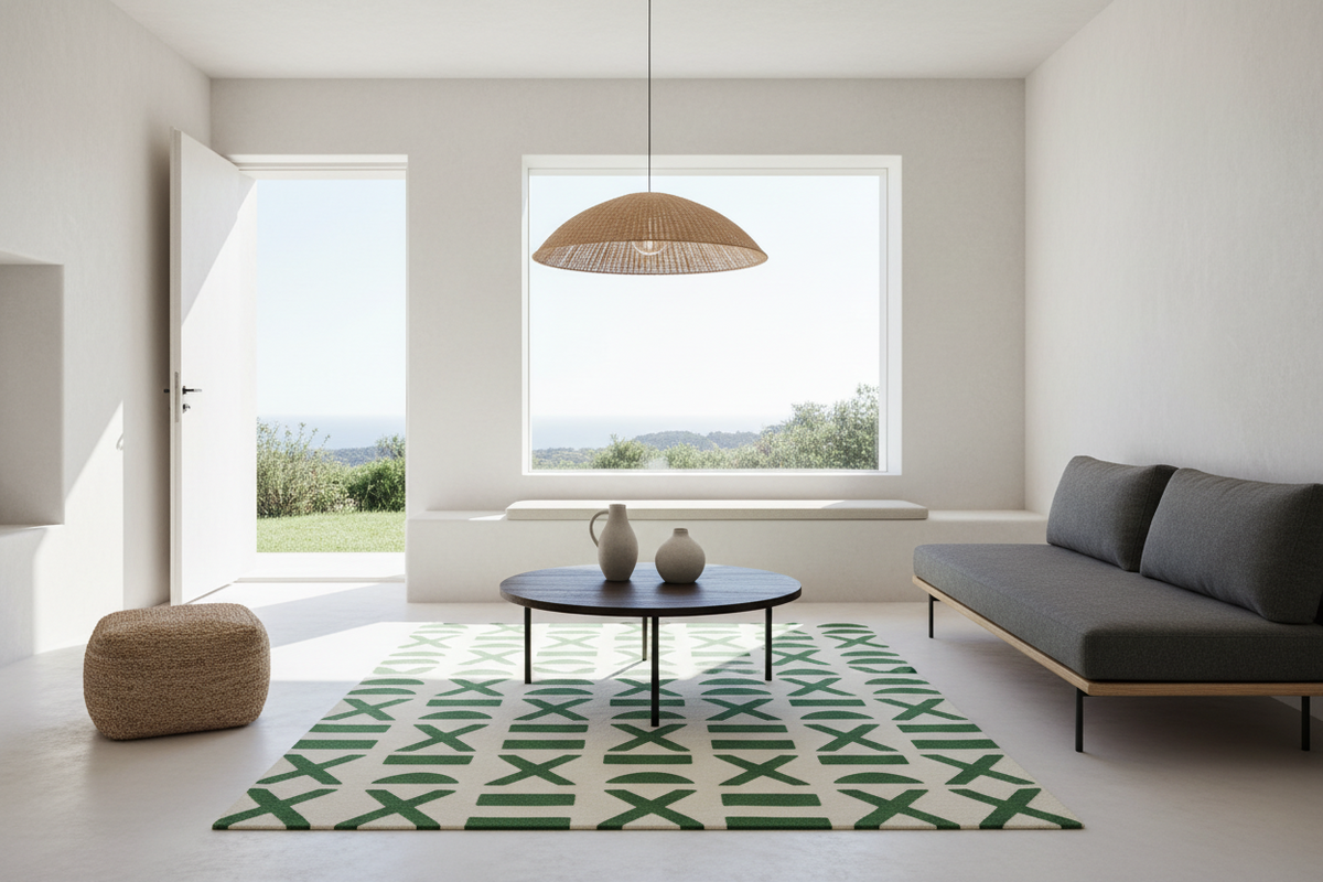 A modern living room with a dark gray sofa, a round black coffee table, a green and white geometric patterned rug, and a woven pendant light hanging from the ceiling.