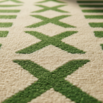 Close-up of a textured rug with a cream background and a green geometric pattern of large X shapes and smaller vertical bars.