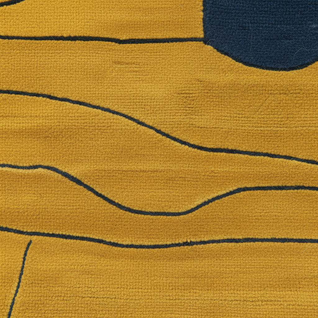 A close-up of a textured mustard yellow rug with abstract navy blue lines and a partial navy blue circular shape.