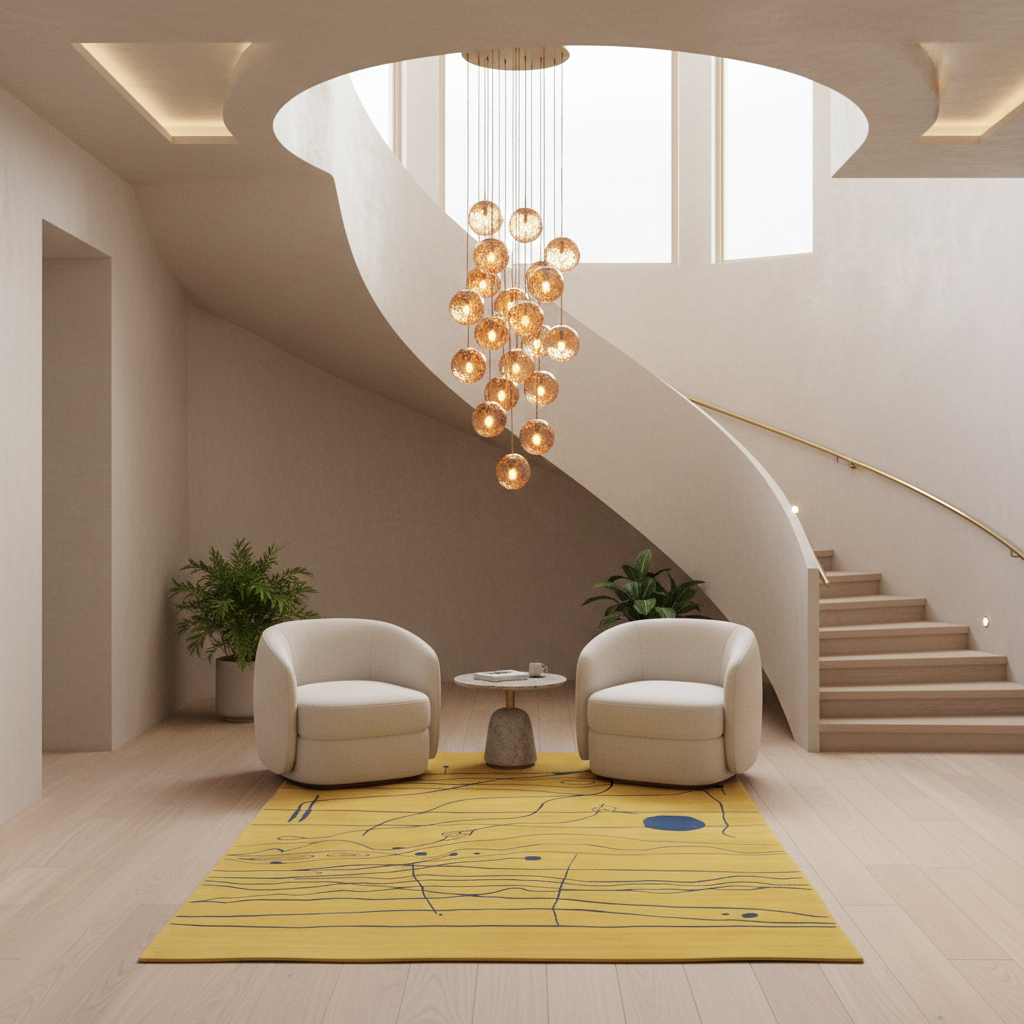 A modern interior scene with a spiral staircase, two cream armchairs, a small round side table, a yellow area rug with abstract line art, and a hanging cluster chandelier. No people or animals are present.
