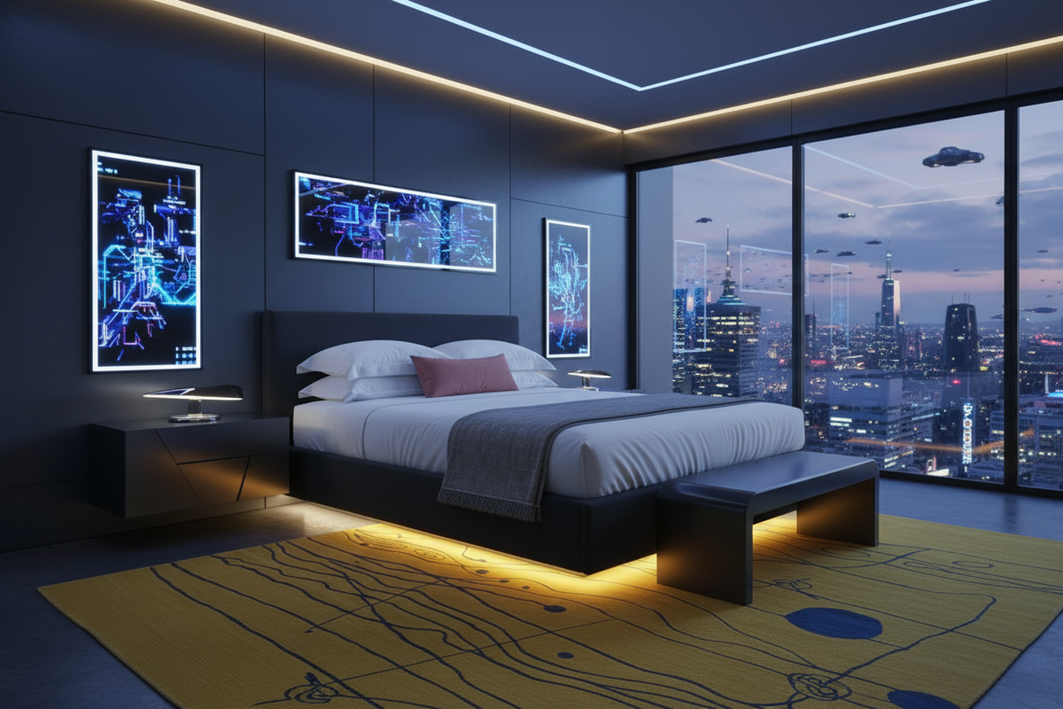 Modern bedroom with cityscape view, LED lights, yellow modern handmade rug, and futuristic decor.