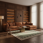 A modern brown leather sectional sofa in a styled living room with dark wood bookshelves, a patterned rug, and a glass coffee table.