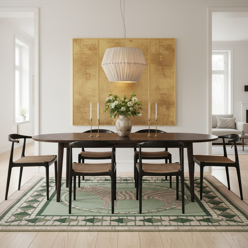 A modern dining room scene featuring a dark oval wooden dining table with four woven-back chairs, set on a green and beige patterned rug. A large textured gold triptych wall art piece hangs on the wall behind the table, under a pleated white pendant light. The room has light wood floors and white walls.