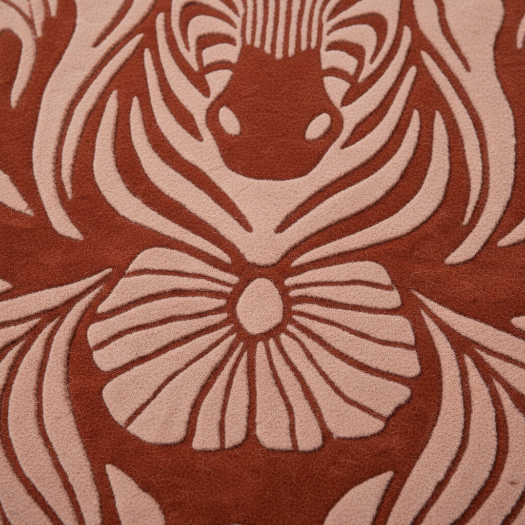 A close-up of a textured rug featuring a stylized floral and abstract pattern in terracotta red and light beige.