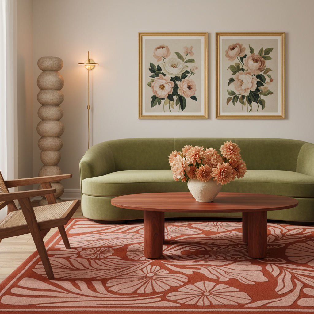 A styled living room scene featuring a green curved sofa, two framed floral prints on the wall, a round wooden coffee table with a vase of flowers, a patterned red and beige rug, and a wooden chair.