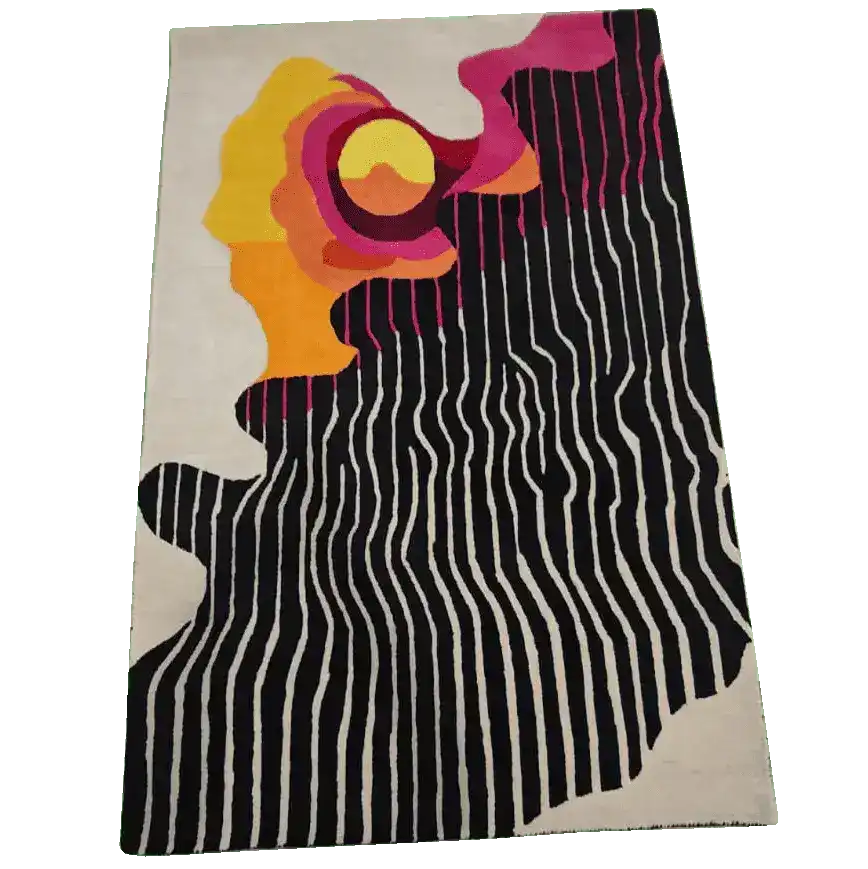 Top view of an Abstract Aura Hand Tufted Rug featuring bold, vibrant colors and wavy patterns, perfect for large area rugs in a living room. This wool rug adds a modern artistic touch to living room area rugs.
