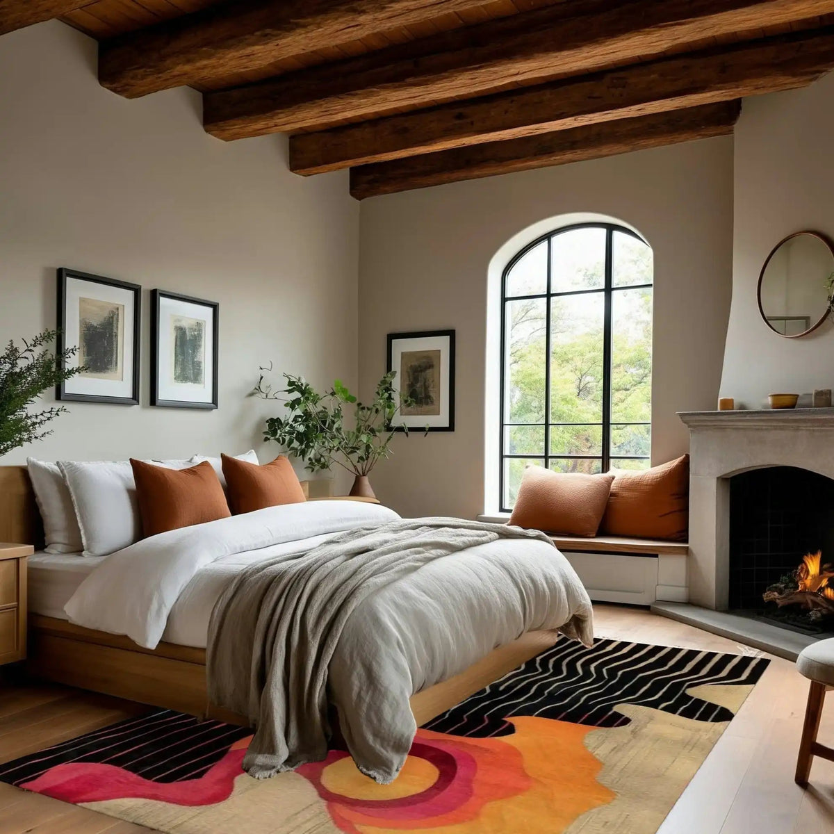 Cozy bedroom featuring a hand-tufted wool area rug with an abstract design, ideal for large living rooms. The rug complements the rustic wooden ceiling beams and neutral decor, enhancing the warmth and style of the living space.