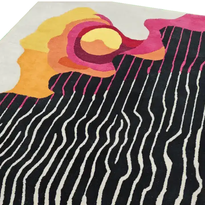 Abstract Aura Hand Tufted Area Rug featuring bold, colorful patterns in orange, pink, and black with wavy lines. Ideal for large area rugs, living room area rugs, and wool rug enthusiasts seeking a modern touch in their living room decor.