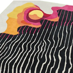 Abstract Aura Hand Tufted Area Rug featuring bold, colorful patterns in orange, pink, and black with wavy lines. Ideal for large area rugs, living room area rugs, and wool rug enthusiasts seeking a modern touch in their living room decor.