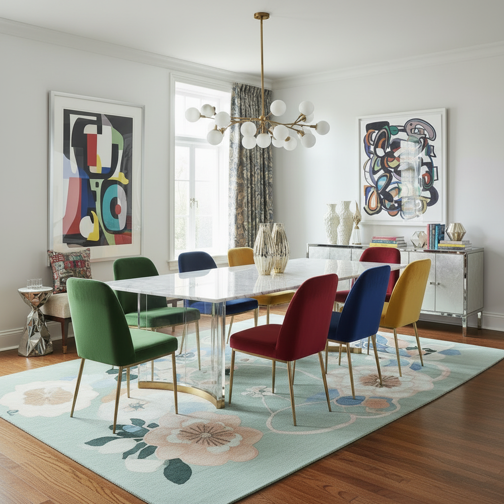 Modern dining room with colorful chairs and abstract art on blue walls.