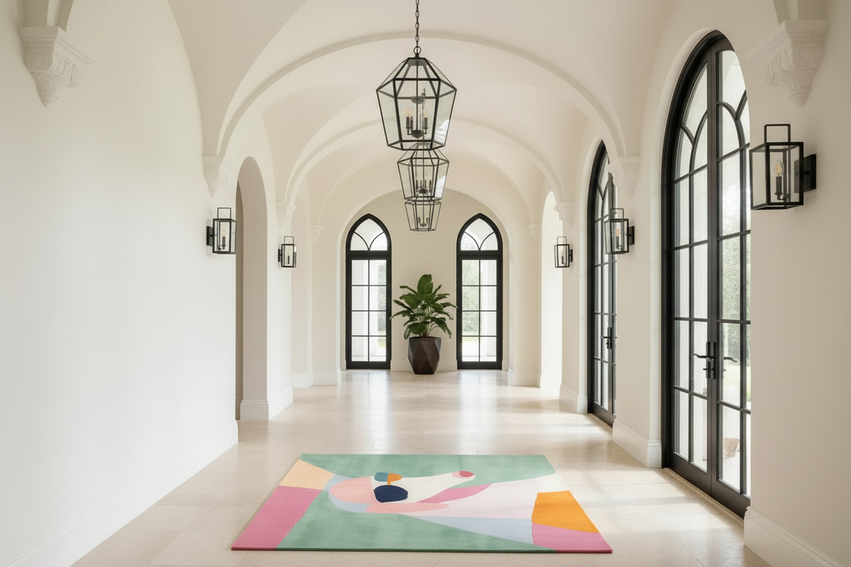 A colorful abstract-patterned area rug is displayed on a light-colored stone hallway with arched windows, black metal lanterns, and wall sconces.