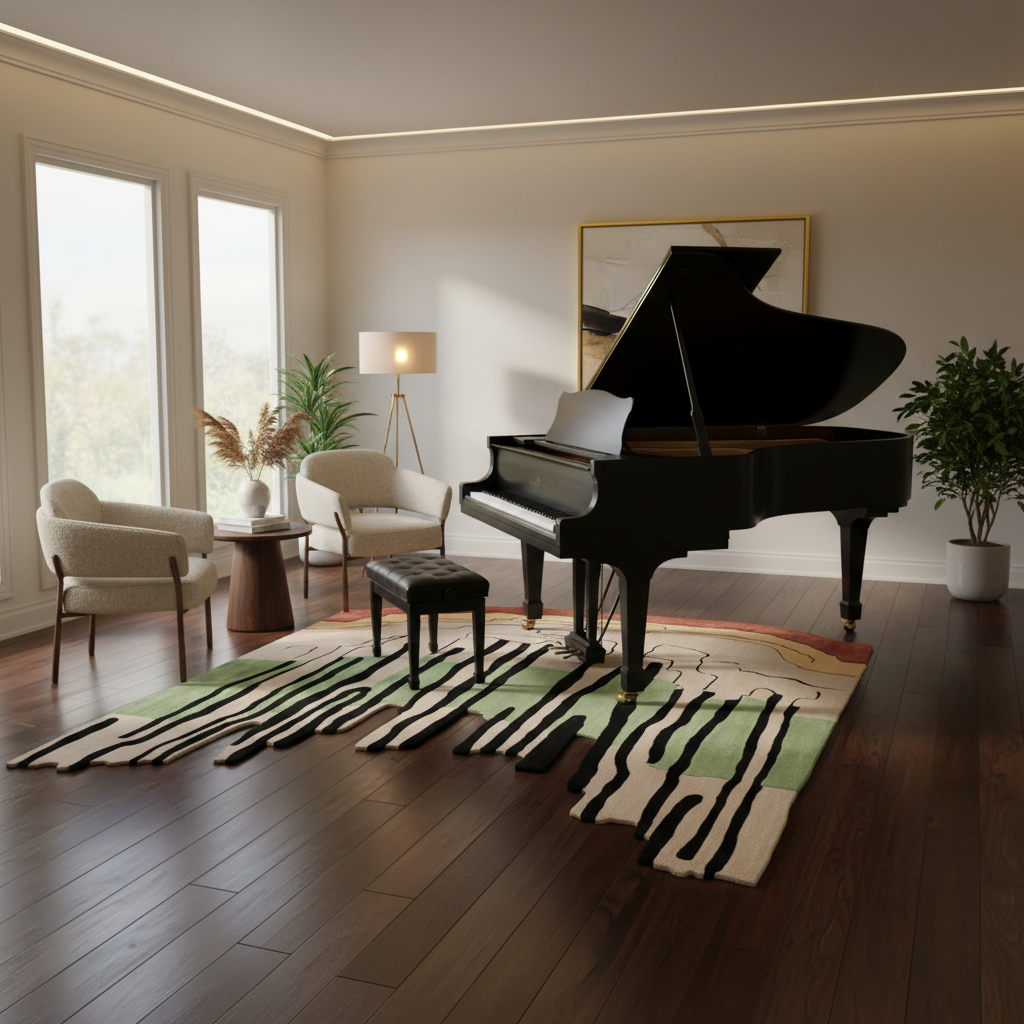 Grand piano in a stylish living room with a rug and chairs.