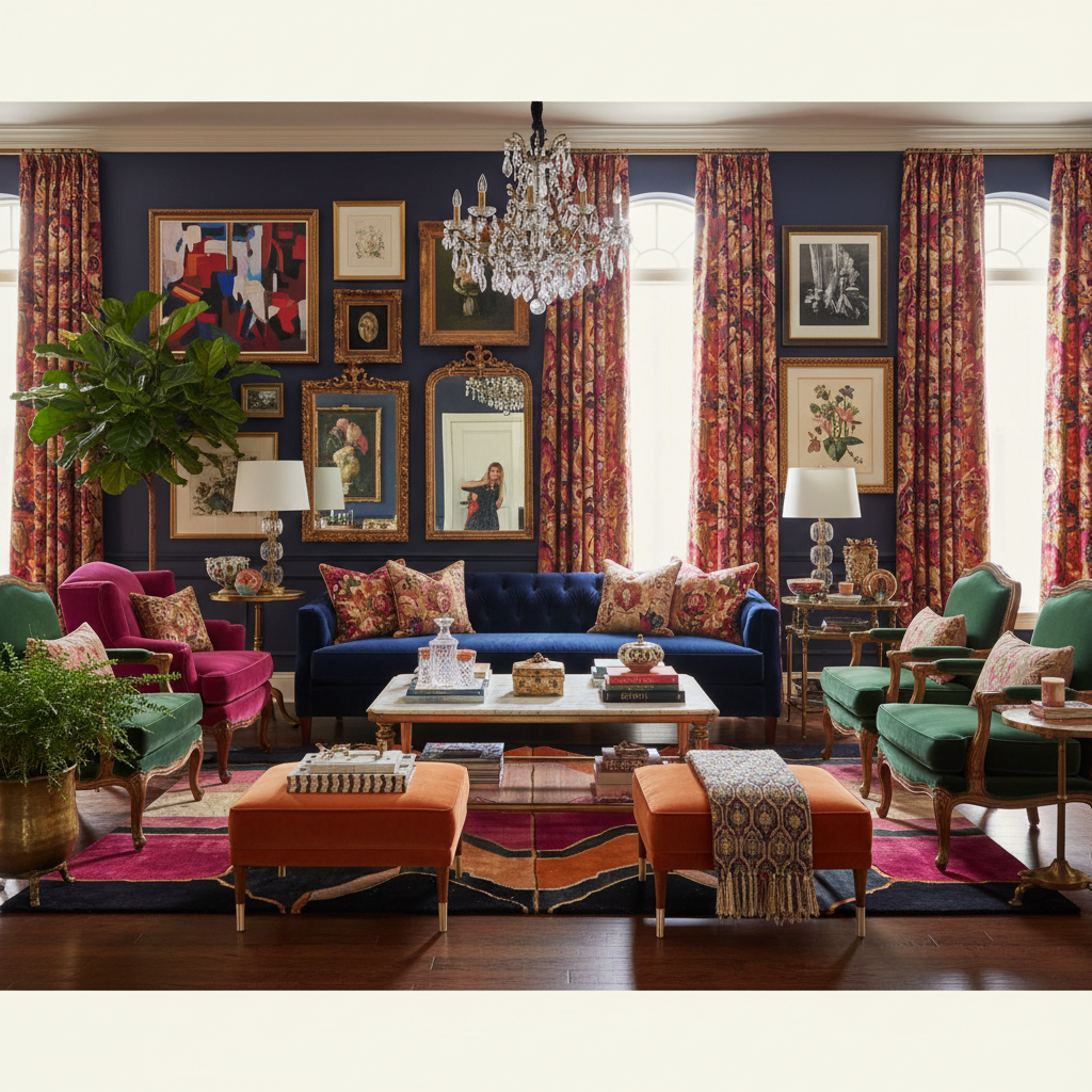 Luxurious living room with colorful wool rug, furniture, and art on the walls.