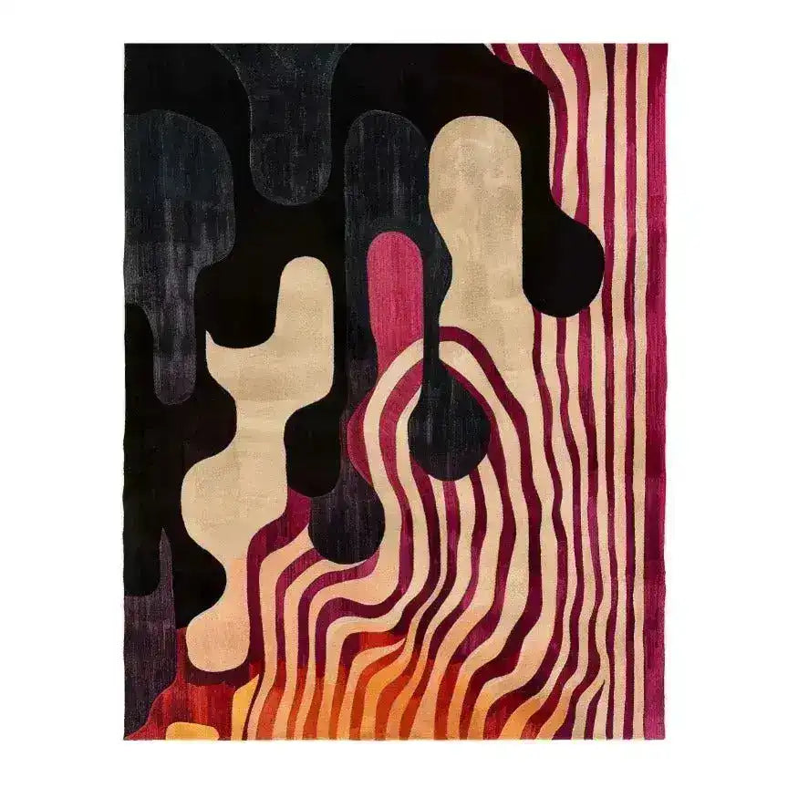 A vibrant abstract ink blot hand tufted area rug, showcasing bold, wavy patterns in shades of black, beige, red, and orange. This wool rug is perfect for adding a modern touch to living room area rugs or dining room carpets.
