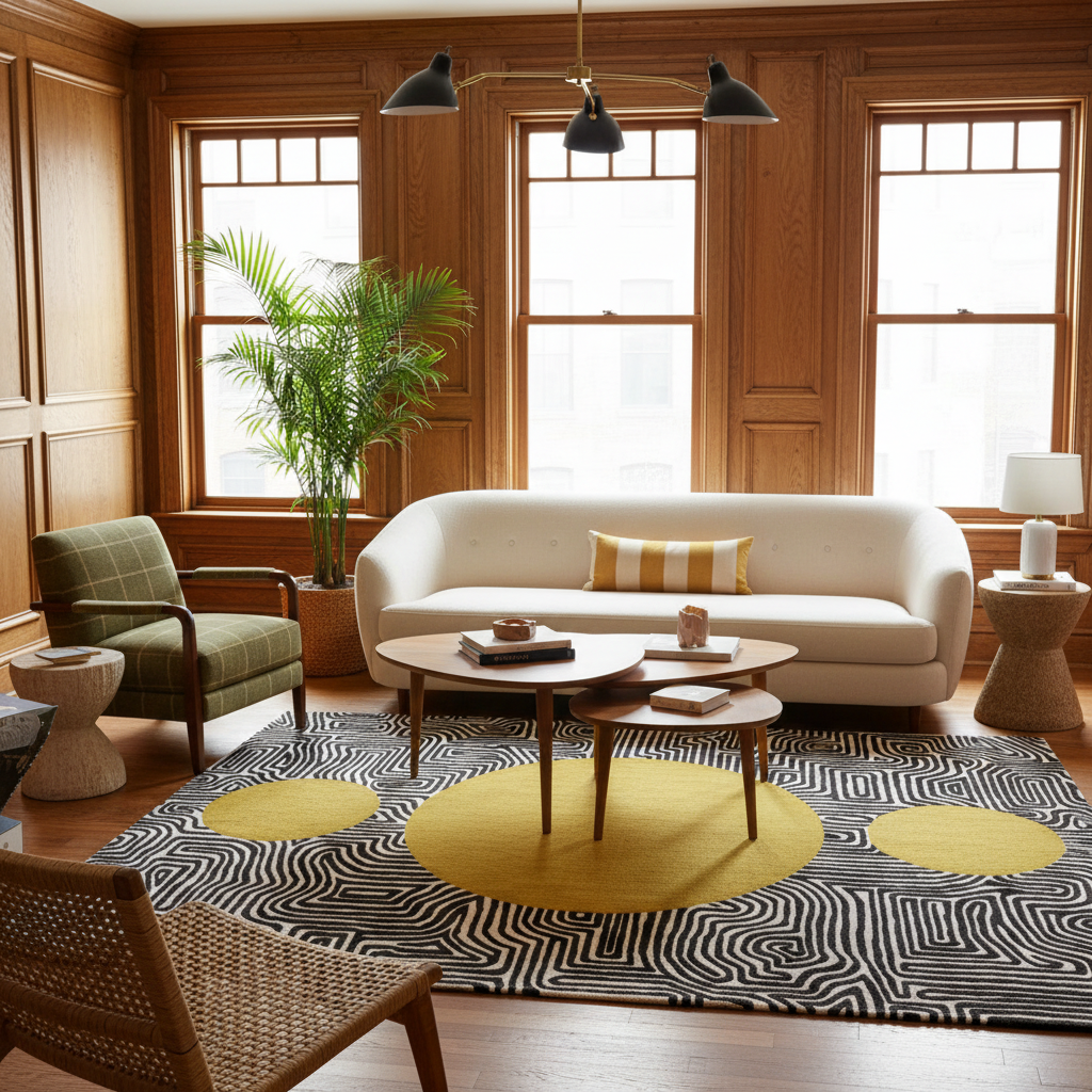 Abstract Maze Golden Sun Hand Tufted Wool Rug