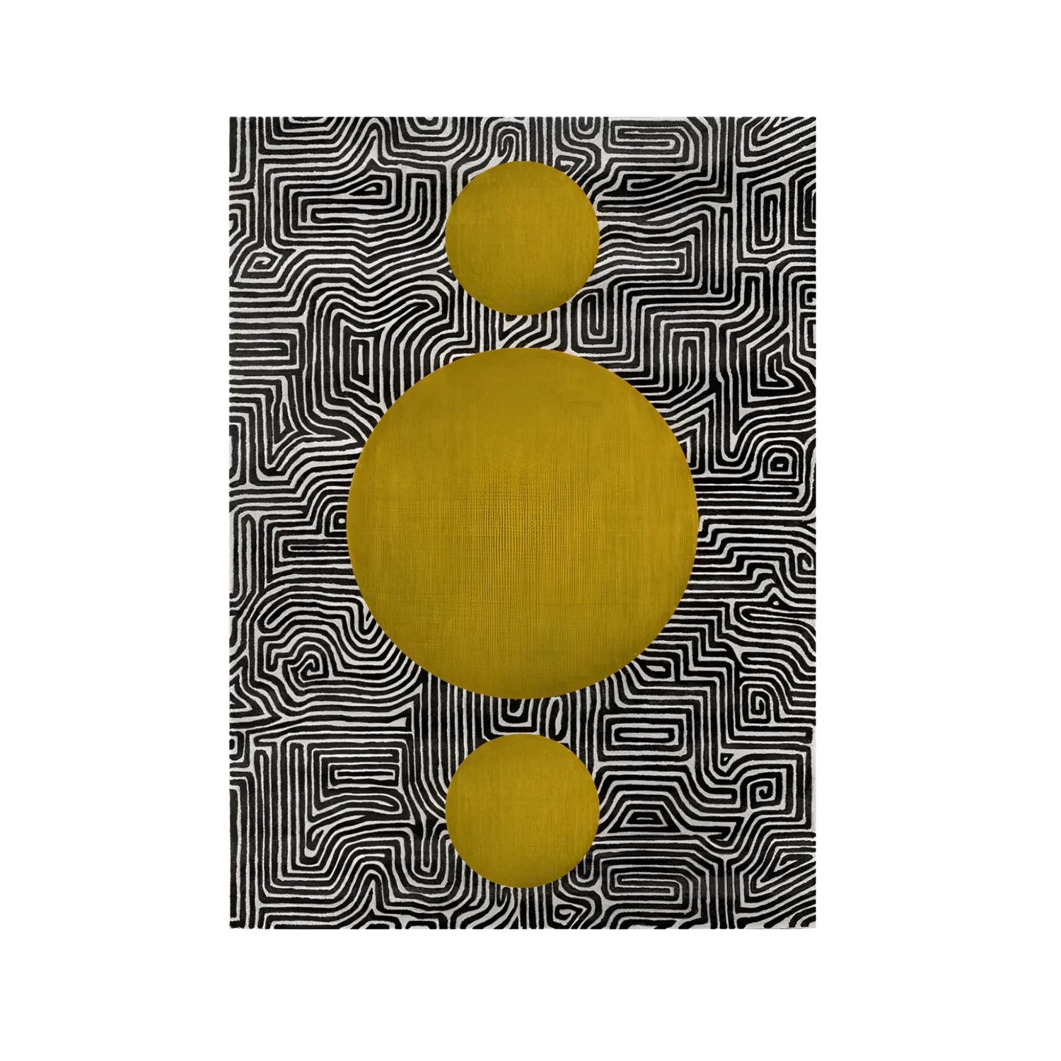 A stylish area rug featuring an abstract maze pattern with golden sun motifs, hand tufted from wool. Perfect for enhancing living room and dining room spaces, this large area rug adds a touch of elegance to formal dining room settings.