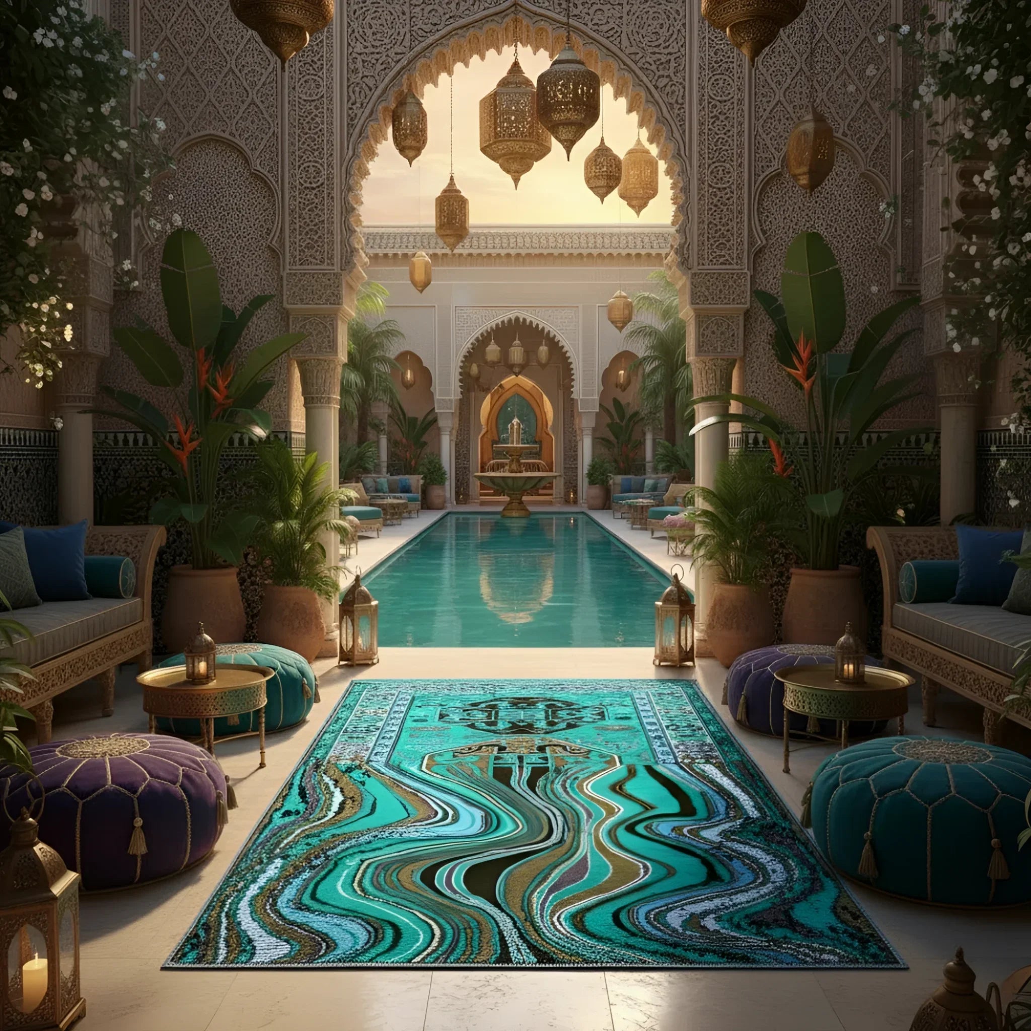 Decorative indoor pool area with ornate architecture, plants, and a colorful rug.
