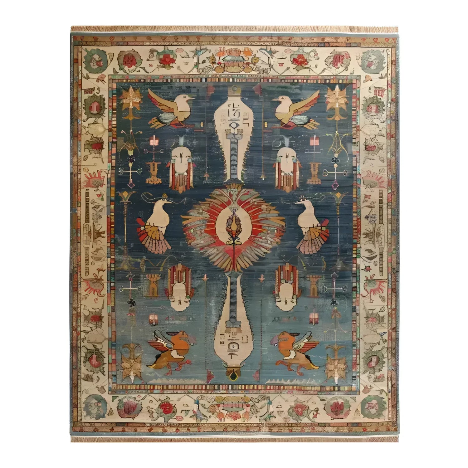 Beautifully designed Ancient Wisdom Hand Knotted Area Rug featuring intricate patterns and mythical motifs on a deep blue background. The border is adorned with floral and geometric designs, showcasing exquisite craftsmanship.