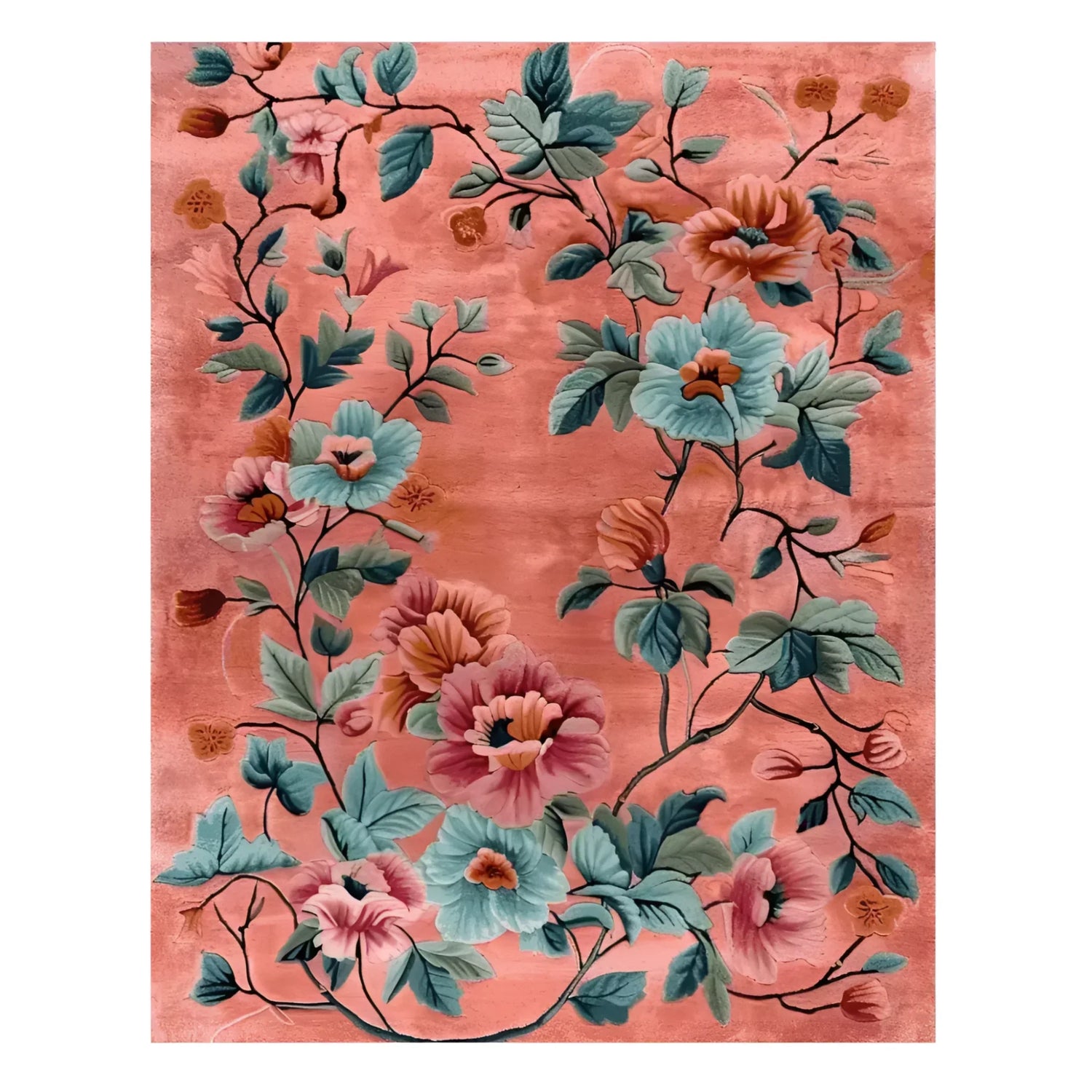 The Arcadian Embrace Hand Knotted Rug showcases a beautiful floral design on a warm background, perfect for adding elegance to any office or living room. This large area rug, made from premium wool, combines artistry with functionality. Ideal as a floral wool rug for those seeking large area rugs for living room spaces.