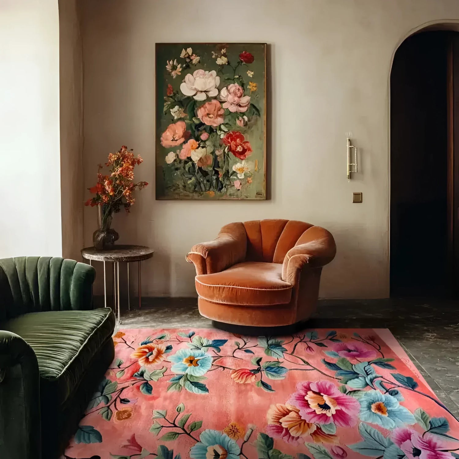 A cozy living room featuring a vibrant Arcadian Embrace Hand Knotted Area Rug with a floral design. The wool rug, perfect for a large area, adds warmth and color to the space with its intricate floral patterns. A plush orange armchair and a green sofa complement the rug, creating a stylish and inviting atmosphere ideal for both an office and living room setting.