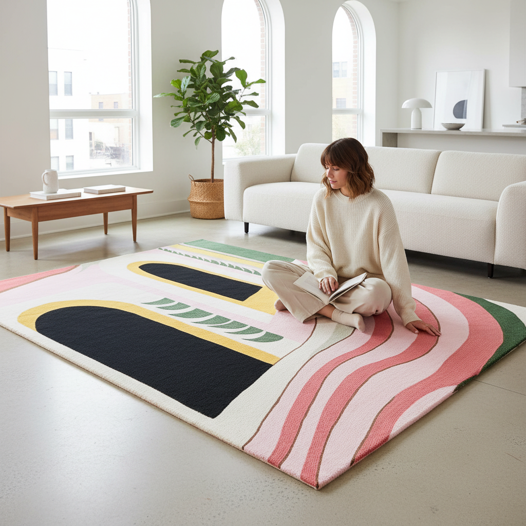 Woman sitting on a colorful rug in a modern living room