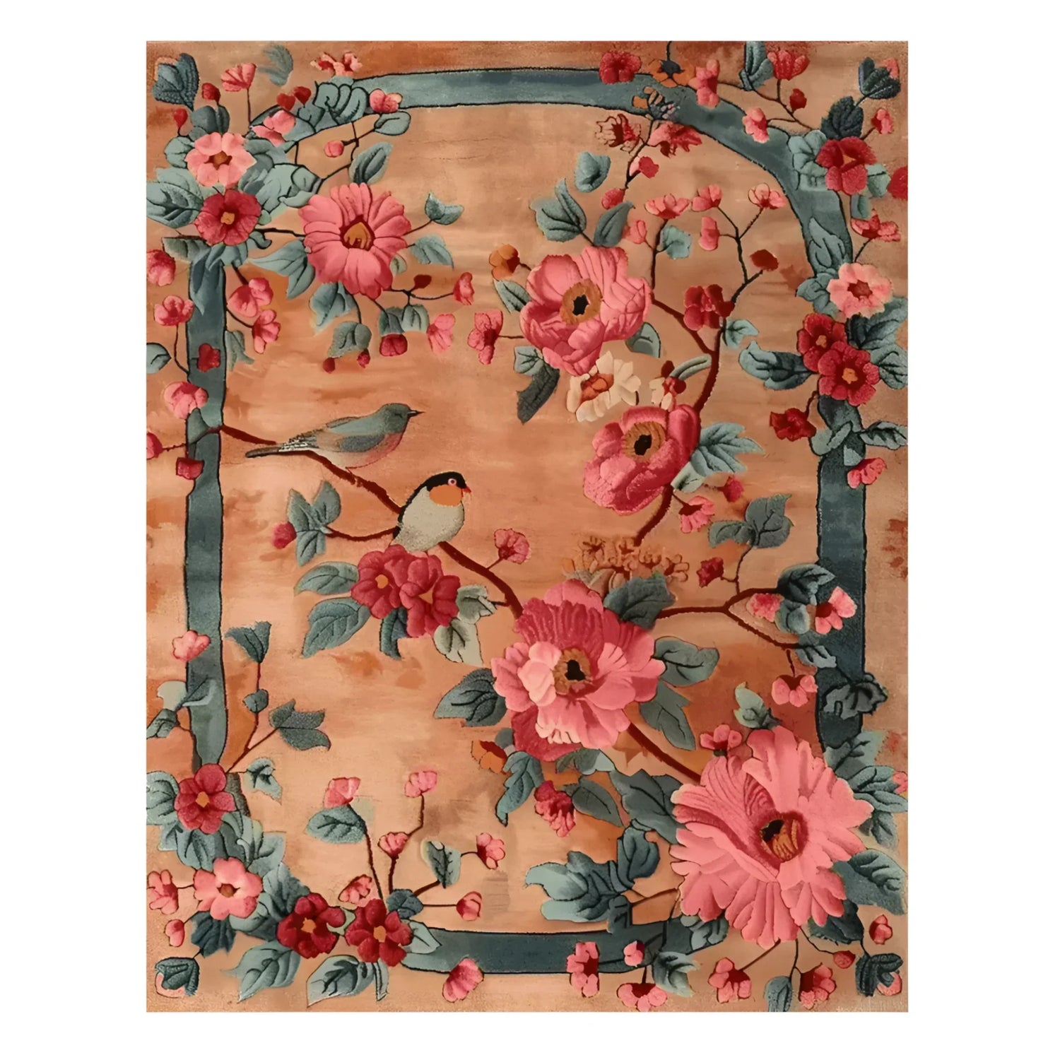 Birdsong in Bloom Hand Knotted Rug showcases a vibrant floral design with birds perched among lush pink and blue blossoms. This wool area rug is perfect for adding a touch of elegance to any office space, combining beauty and functionality in large area rugs.