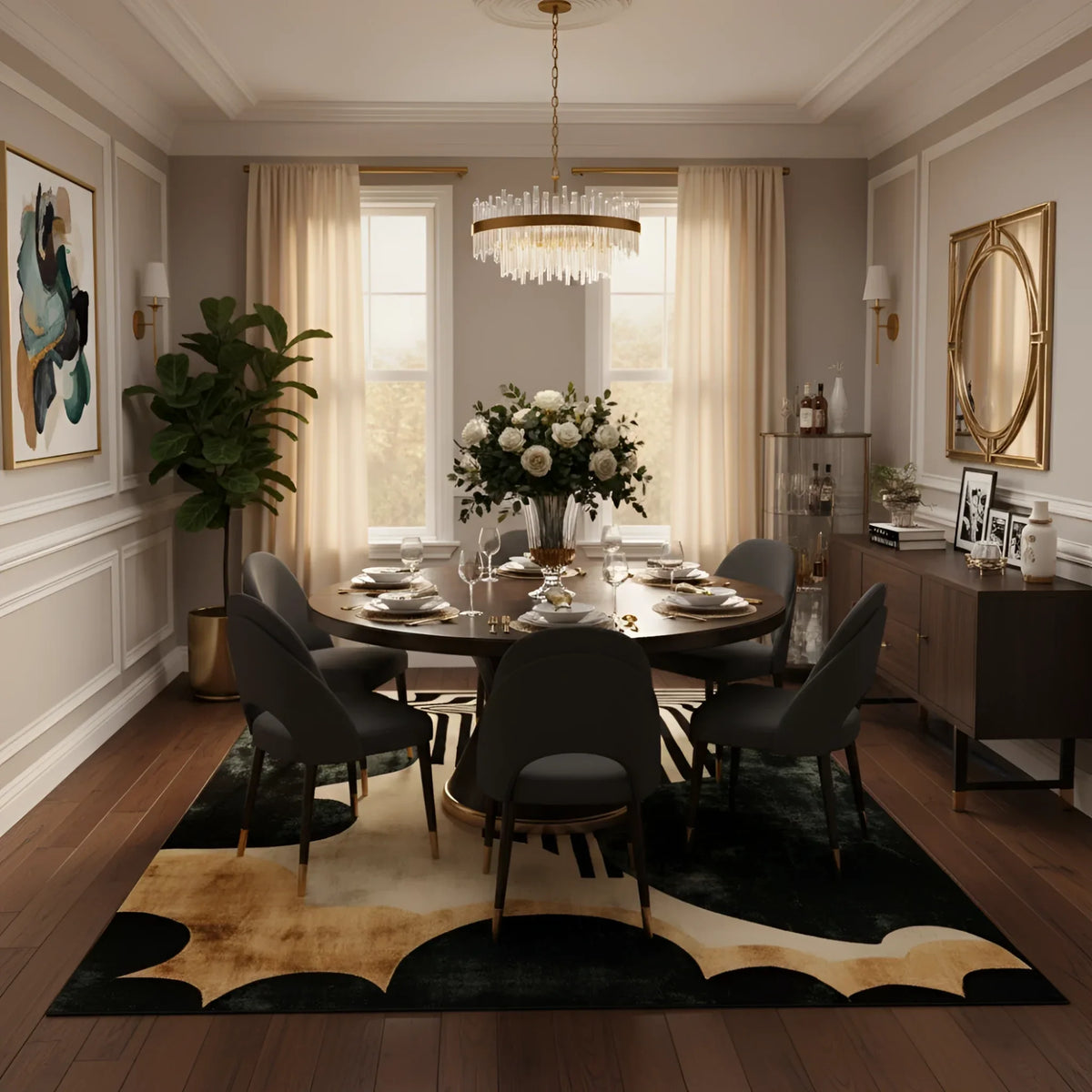 Modern dining room with a round table, chairs, and decorative elements.