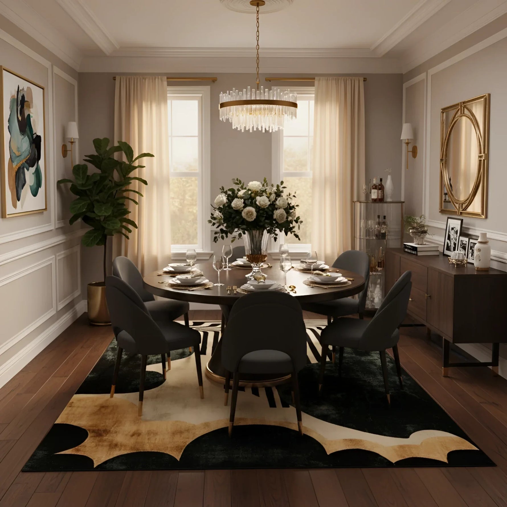 Modern dining room with a round table, chairs, and decorative elements.