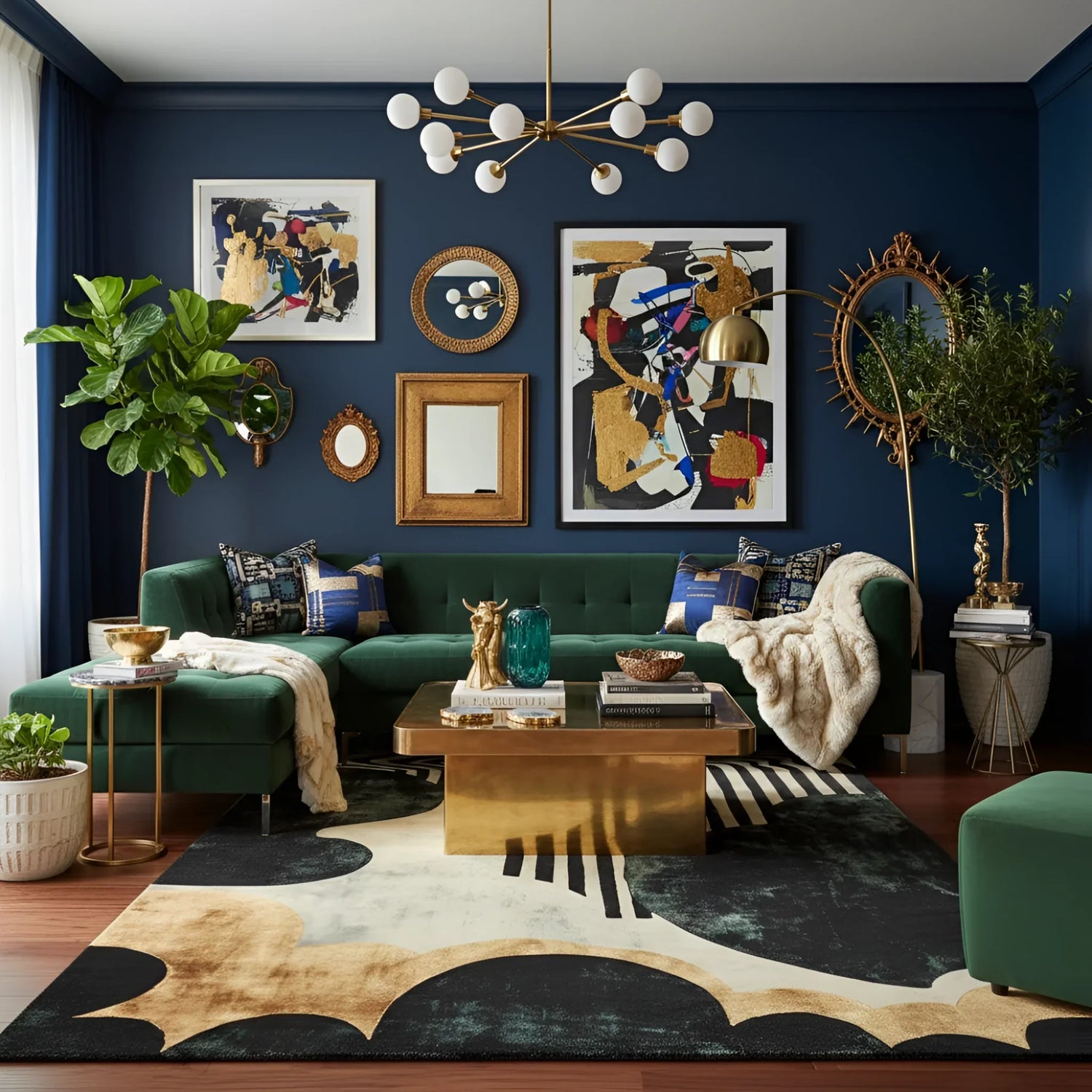 Modern living room with dark blue walls, green sofa, and decorative elements.