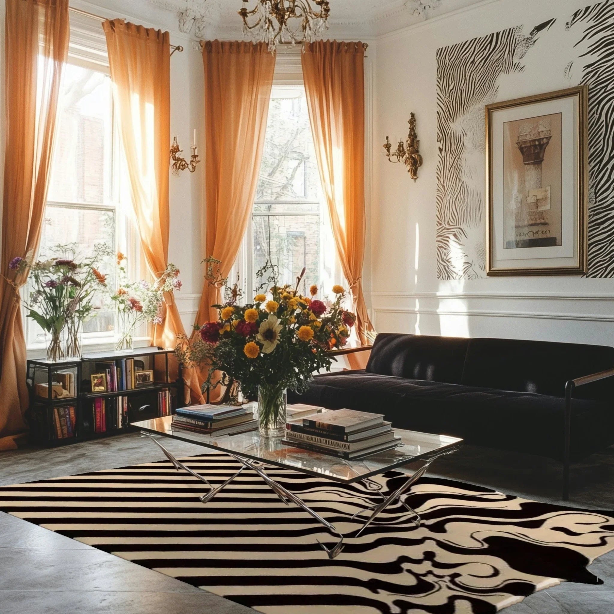 Living room with black sofa, glass coffee table, and zebra print rug.