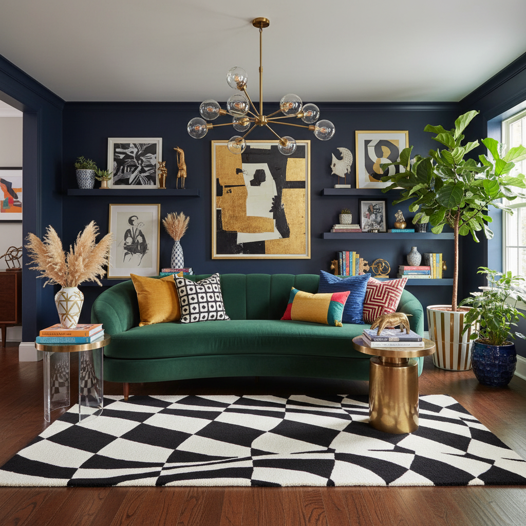 Modern living room with a green sofa, colorful pillows, a black and white geometric wool rug, and decorative items.