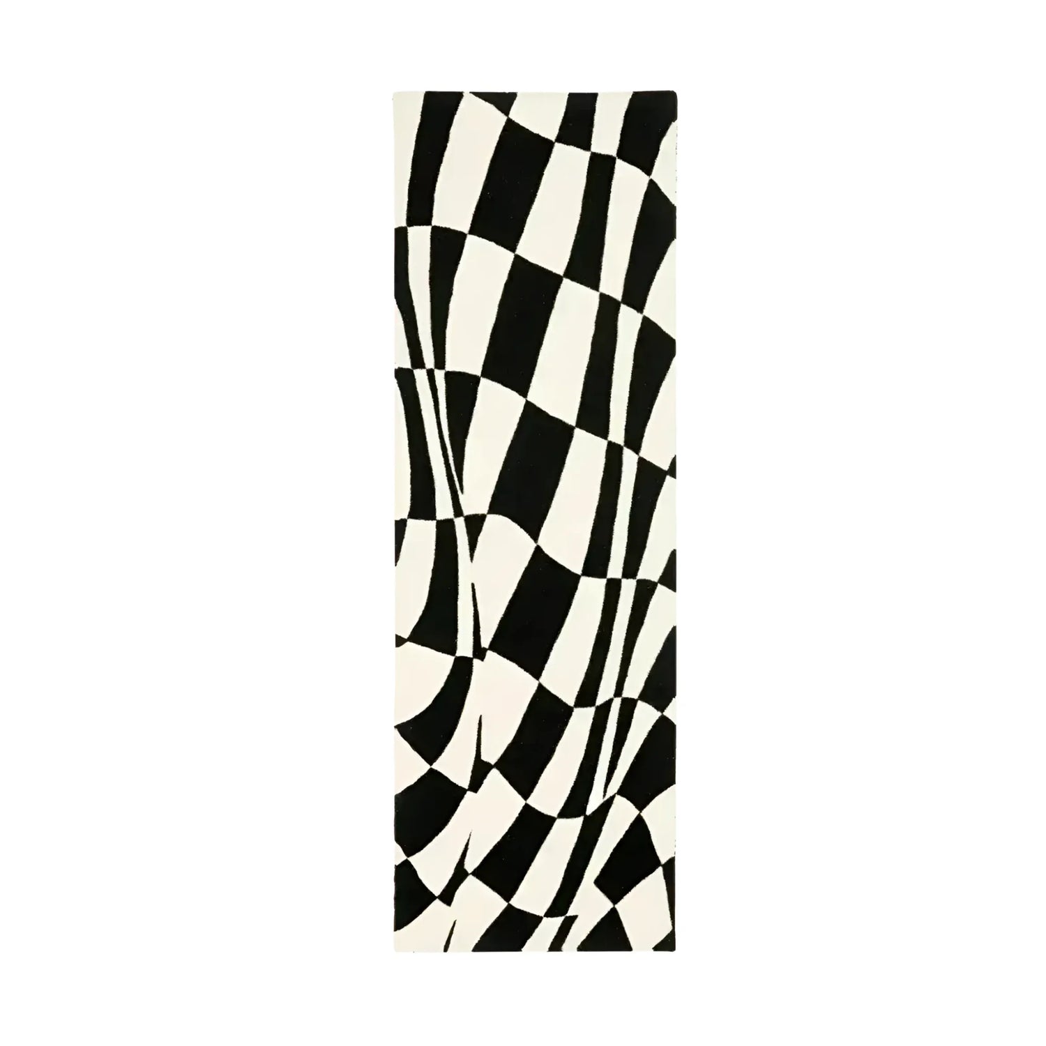 Black and White Abstract Curvy Checker Hand Tufted Wool Rug Runner