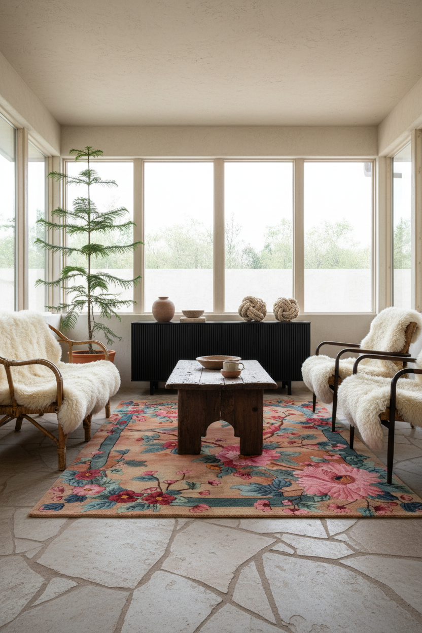 Living room with floral rug, wooden coffee table, and armchairs.