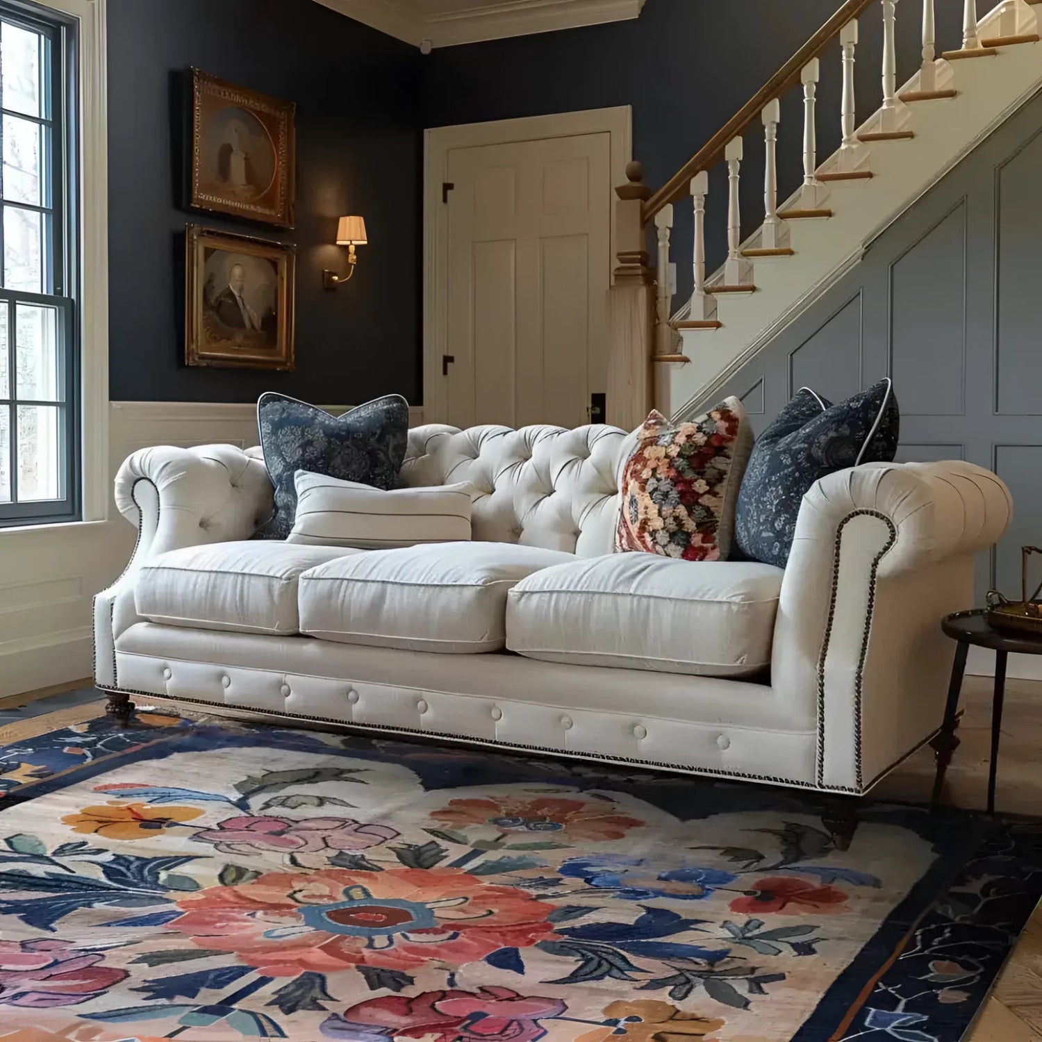 Beautiful living room featuring a Blossom Artistry Hand Knotted Rug, a stunning area rug with vibrant floral patterns. This wool square area rug adds a touch of Persian elegance to the large living room, complementing the sophisticated decor with a white sofa and classic artwork.