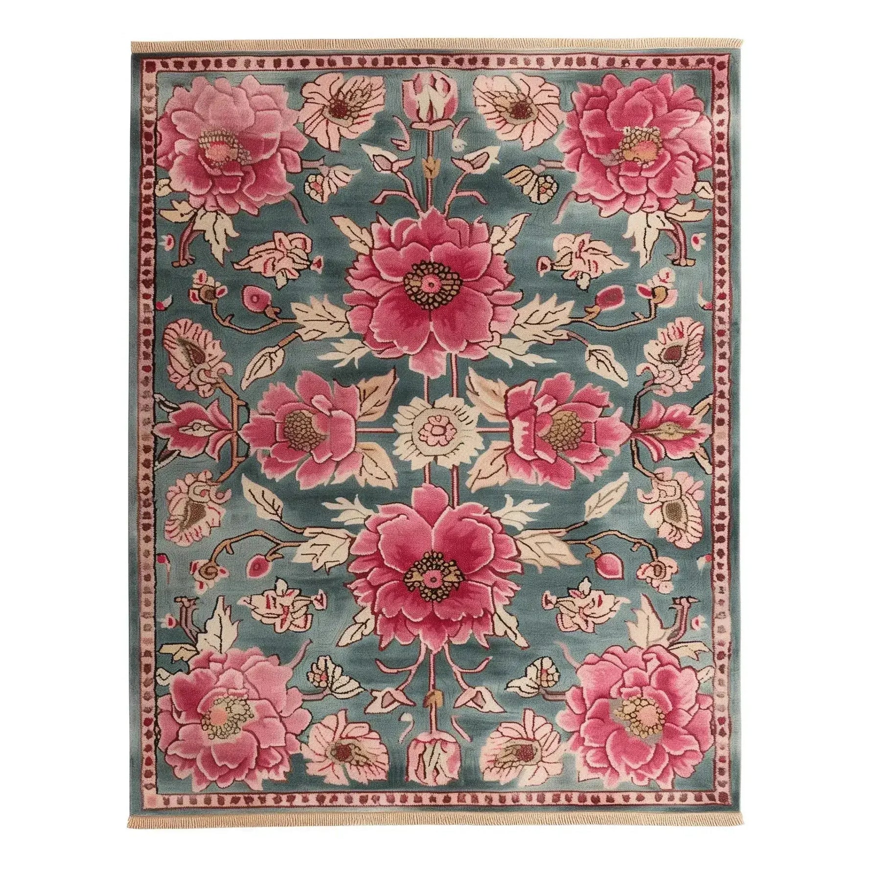 Floral patterned rug with pink flowers on a gray and beige background