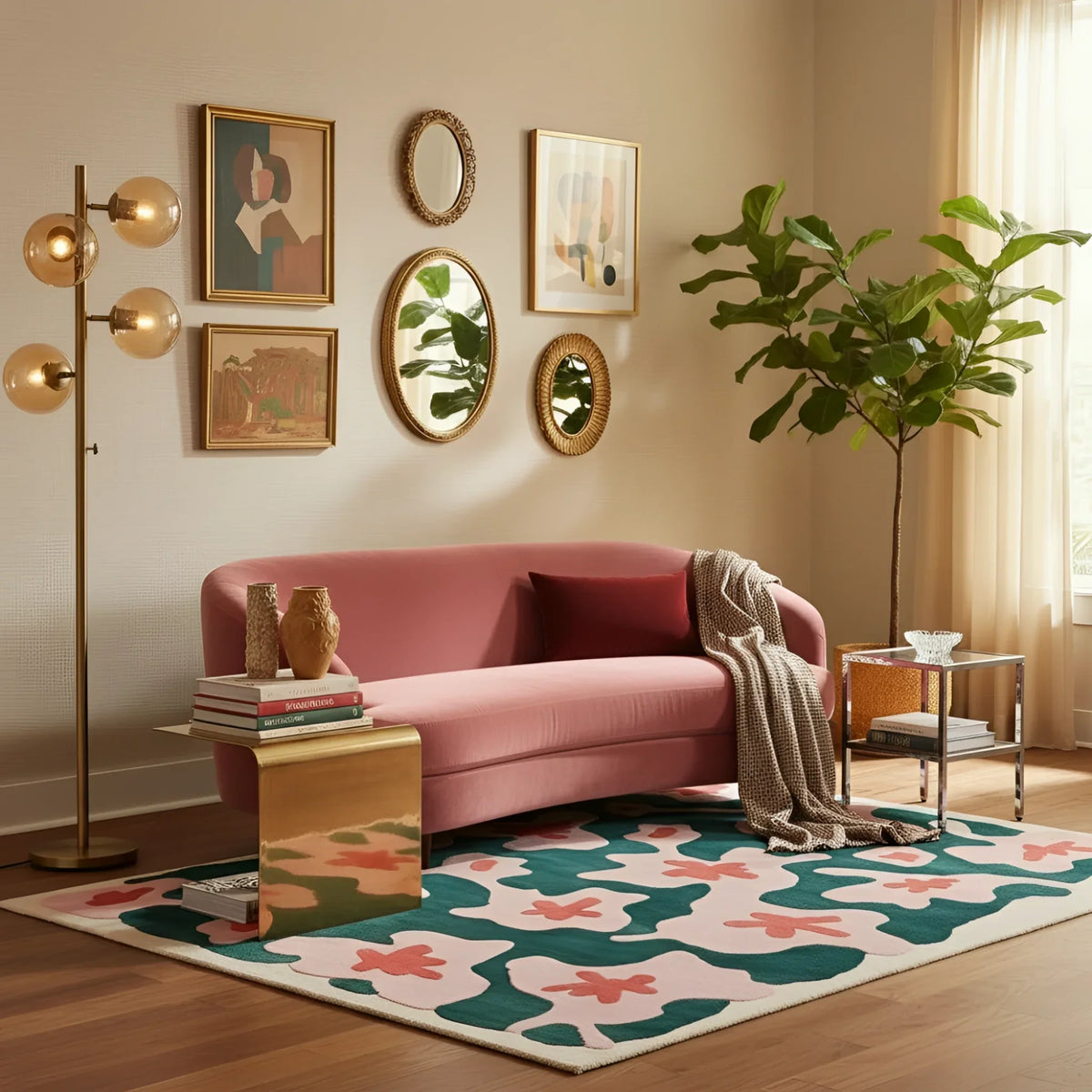 Modern living room with a pink sofa, decorative rug, and wall art.
