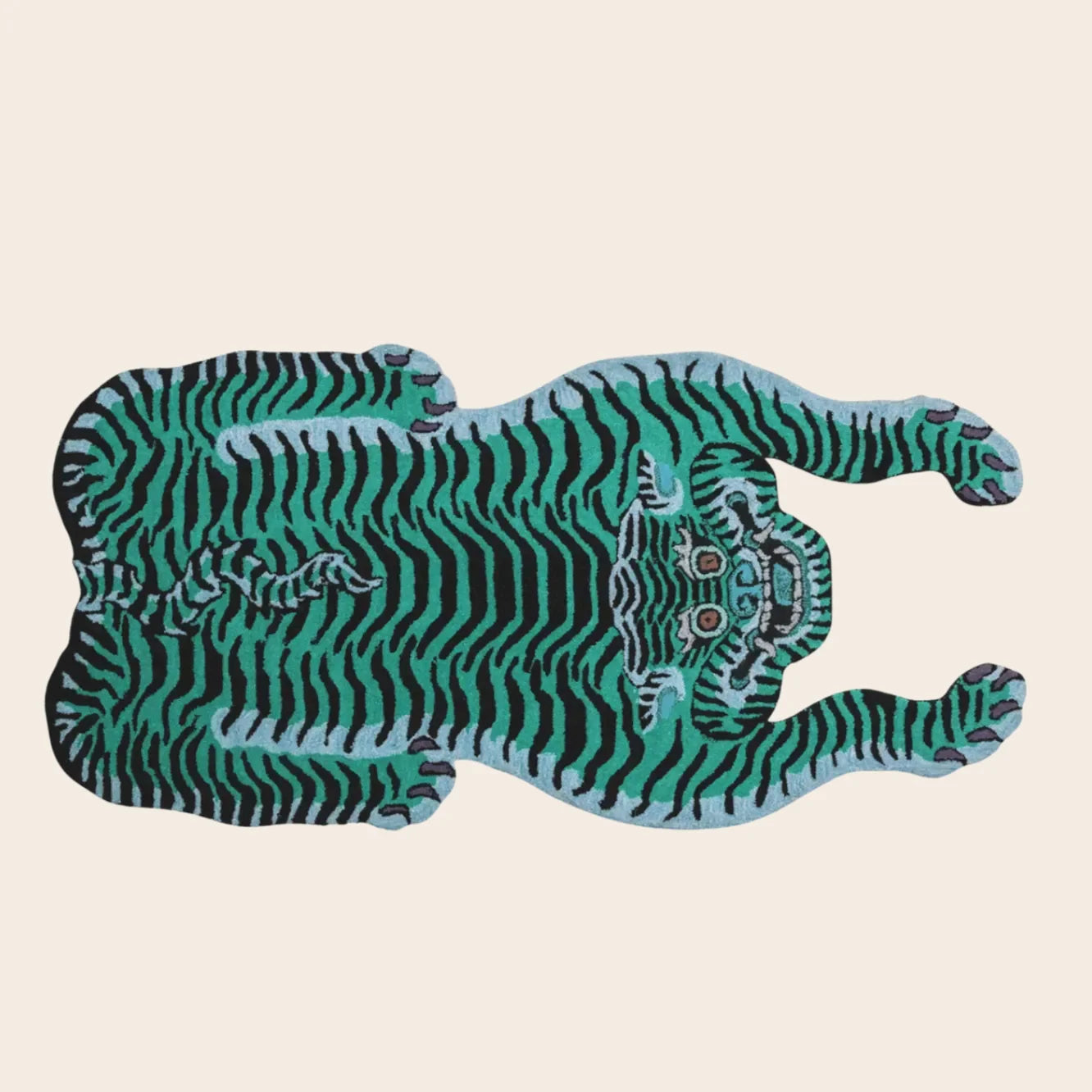 Blue and Green Tiger Yogi Accent Wool Rug