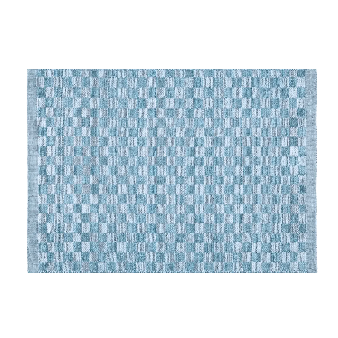 Blue Checkered Jute Rug with Fringe