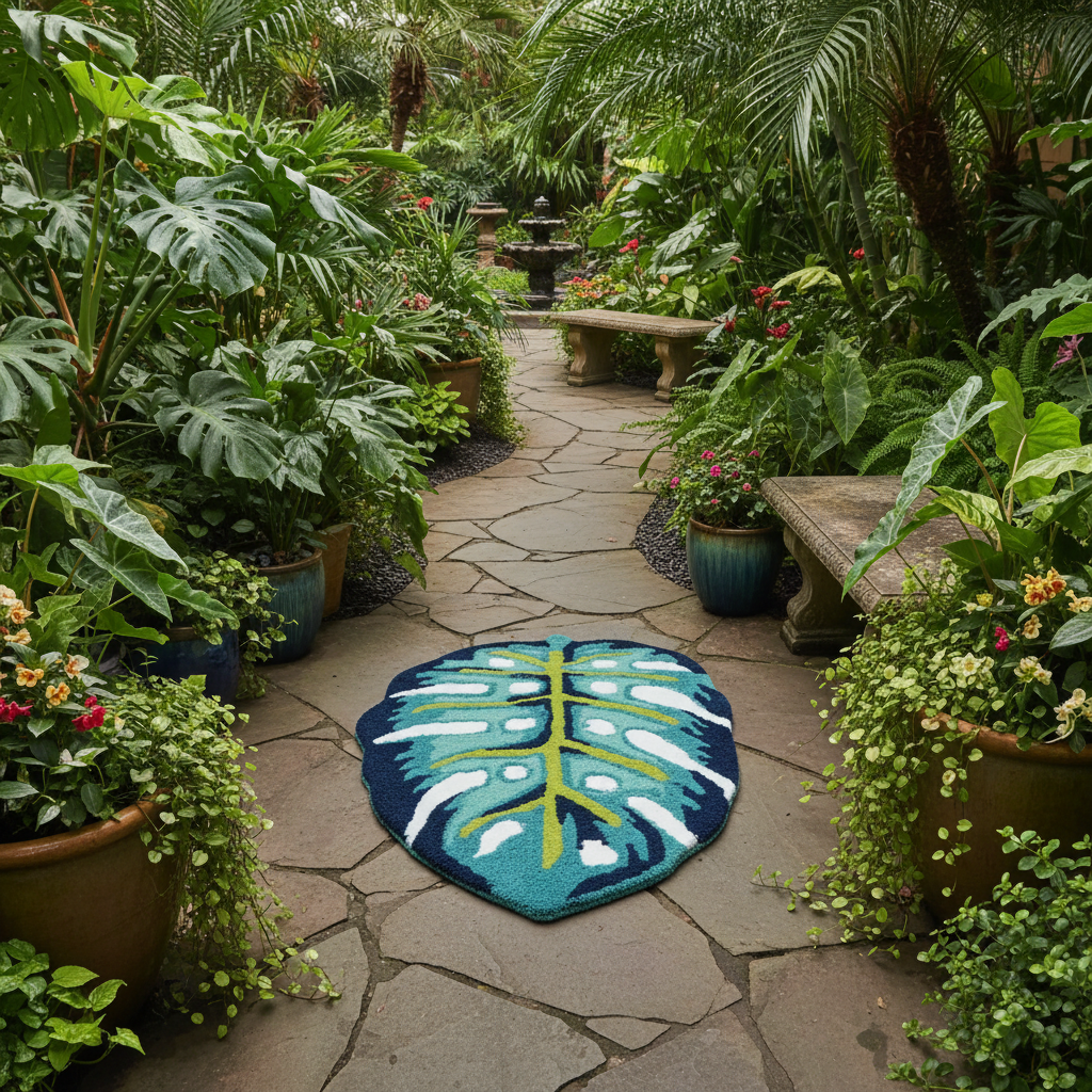 Blue Monstera Leaf Shaped Accent Hand Tufted Wool Rug