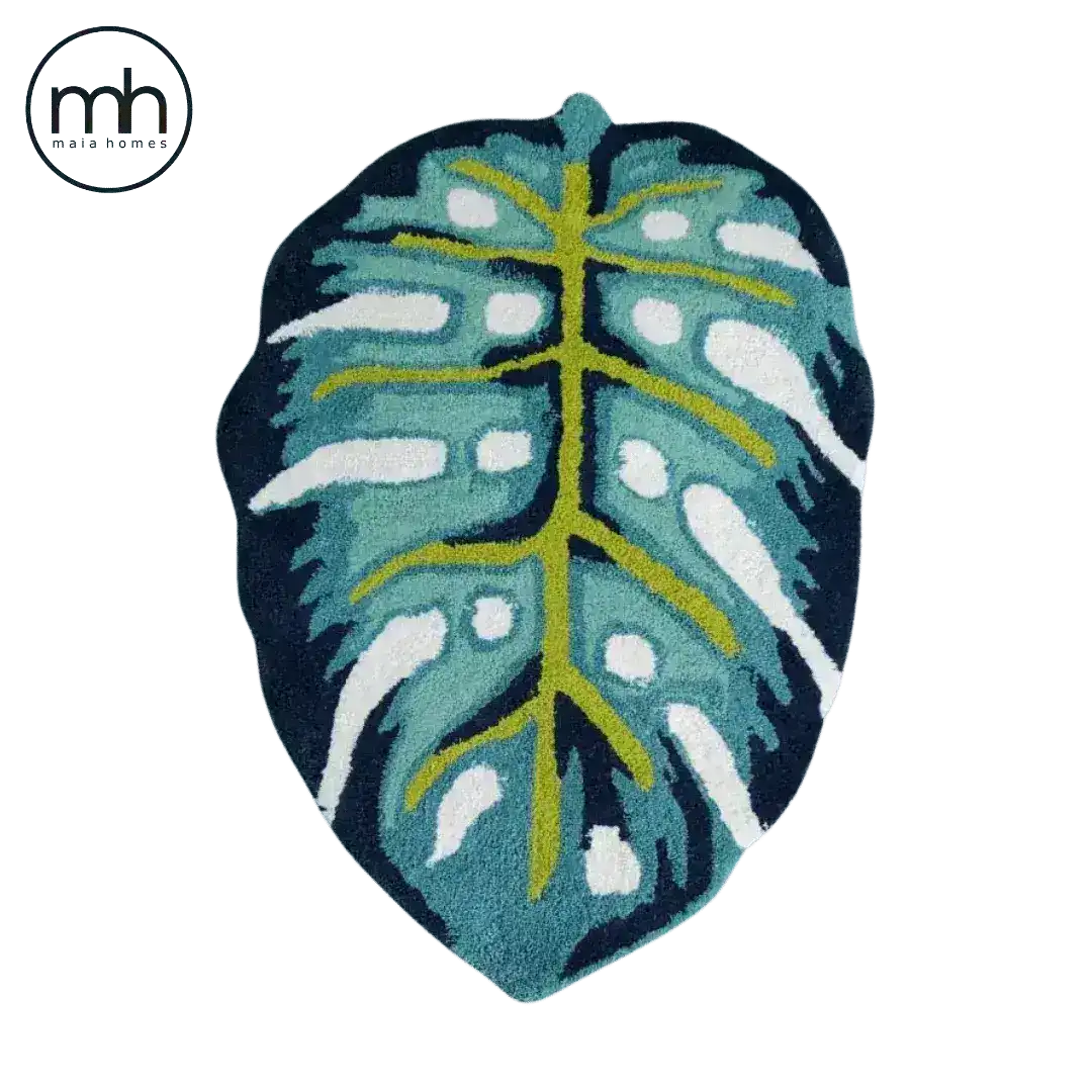 Blue Monstera Leaf Shaped Accent Hand Tufted Wool Rug — Custom 9' × 11'