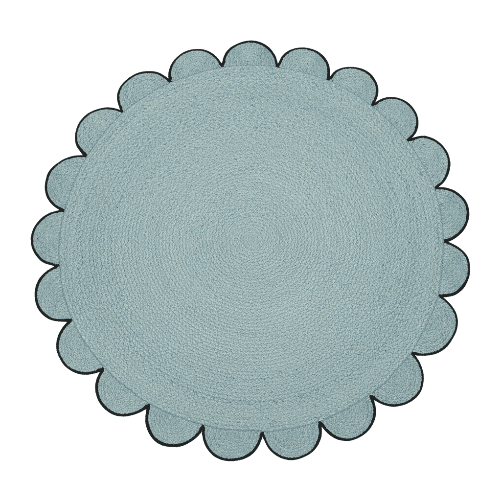 Round blue rug with scalloped edge on a white background