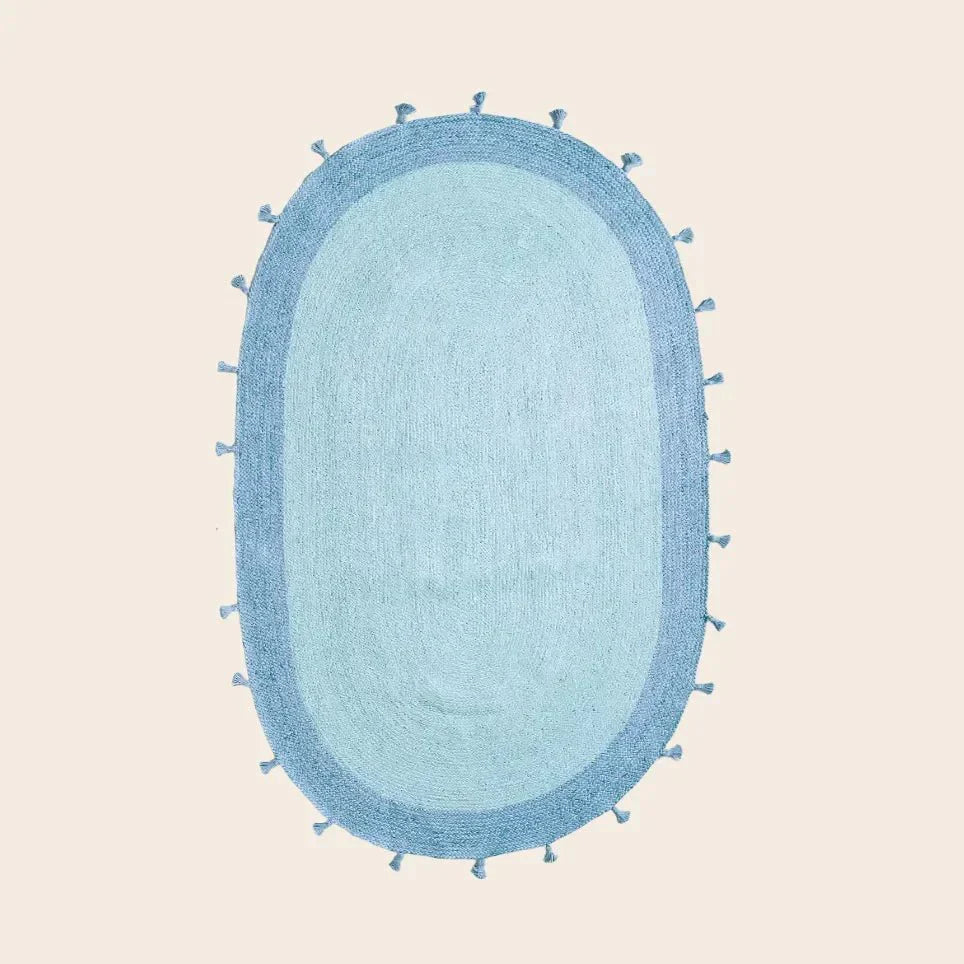 Blue Two Toned Oval Jute Rug with Tassels