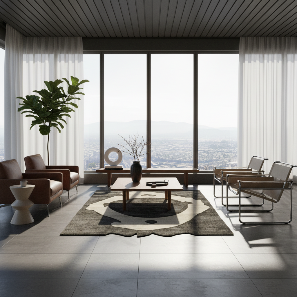 A modern, sunlit living room with large floor-to-ceiling windows overlooking a distant cityscape. The space features a low wooden coffee table on a patterned rug, several upholstered chairs, a tall potted plant, and sheer white curtains framing the windows.