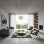 A modern living room interior with a light gray sofa, round coffee table, two chairs, a large abstract rug, concrete ceiling, floor-to-ceiling windows, shelving, and a fireplace. No person or animal is present.