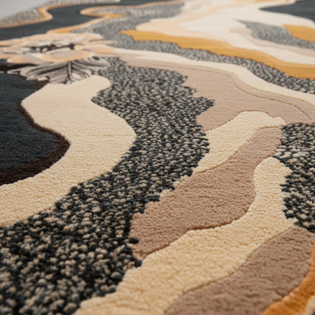 Close-up of a textured area rug with an abstract organic pattern in beige, cream, charcoal, and mustard yellow.
