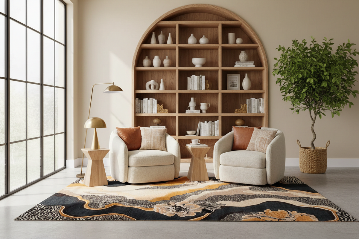 A styled interior scene with two cream armchairs, small wooden side tables, a tall floor lamp, a large arched wooden bookshelf filled with books and vases, a patterned area rug, and a potted tree by a large window.