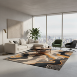 A modern living room with a large abstract area rug featuring black, beige, and orange wavy patterns. The rug is styled on a light gray floor in front of a cream sectional sofa, a wooden coffee table, a green accent chair, and a black swivel chair, with a city skyline visible through large floor-to-ceiling windows.