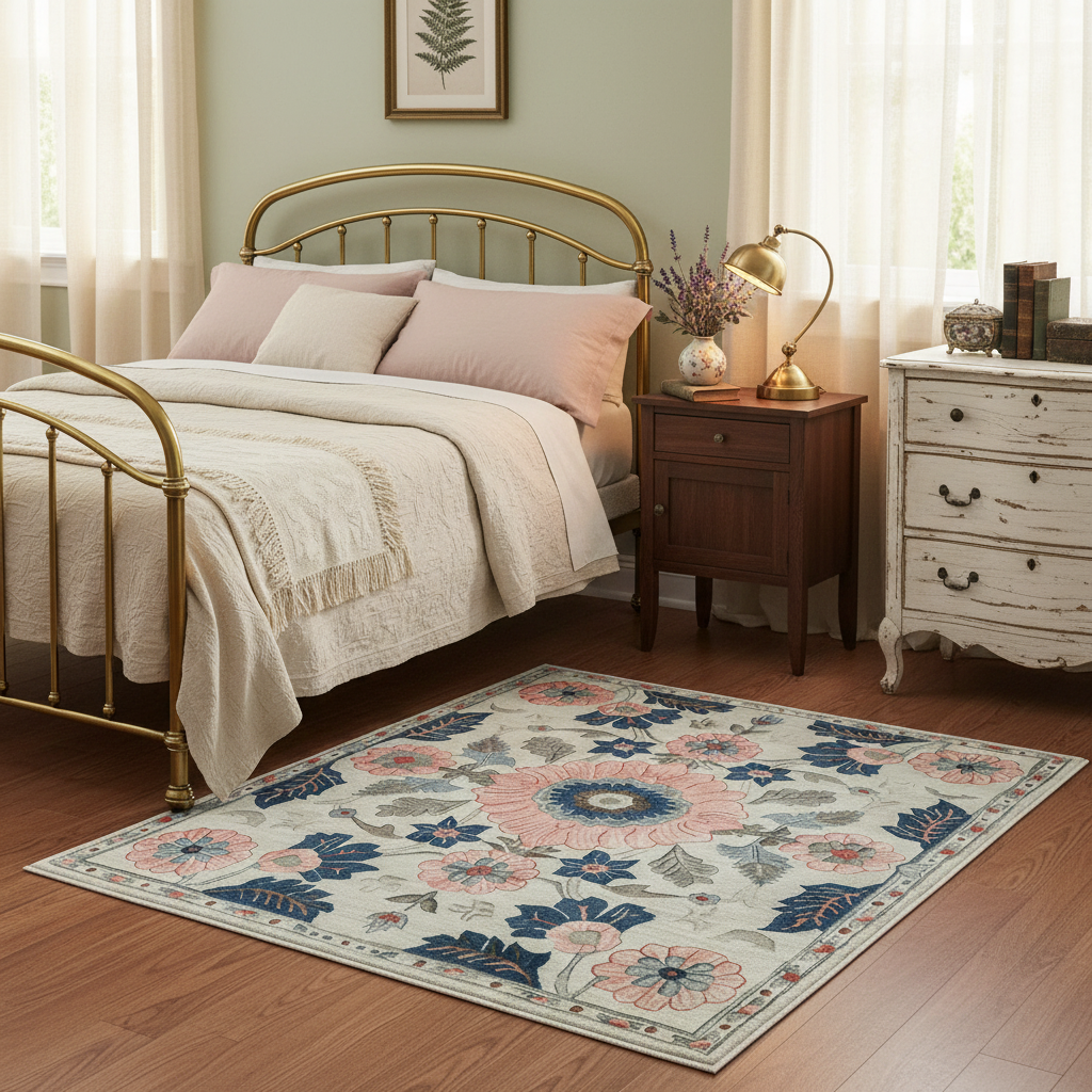 Bedroom with a floral rug, bed, nightstand, and dresser.