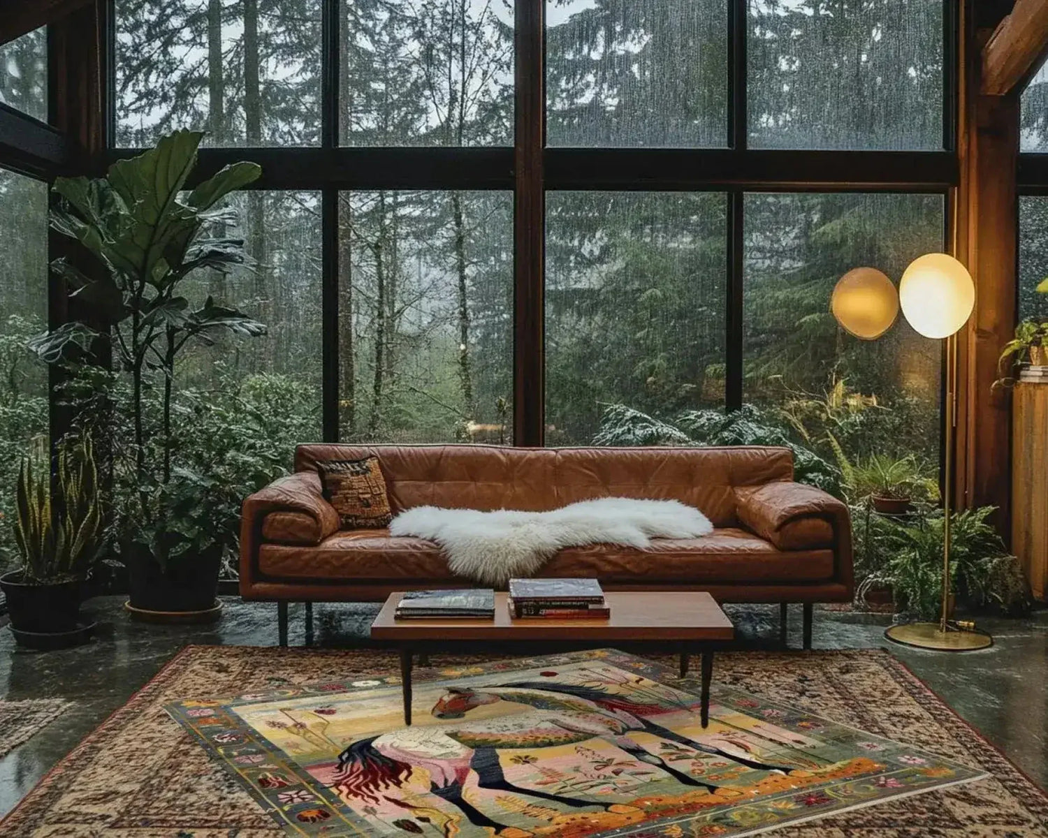 Bright Meadow Steed Hand Knotted Area Rug in a cozy living room setting. The large wool rug with a Persian-inspired design adds a touch of elegance, perfect for a spacious living room. Surrounded by lush indoor plants and a leather sofa, this square area rug enhances the warmth and style of the space.