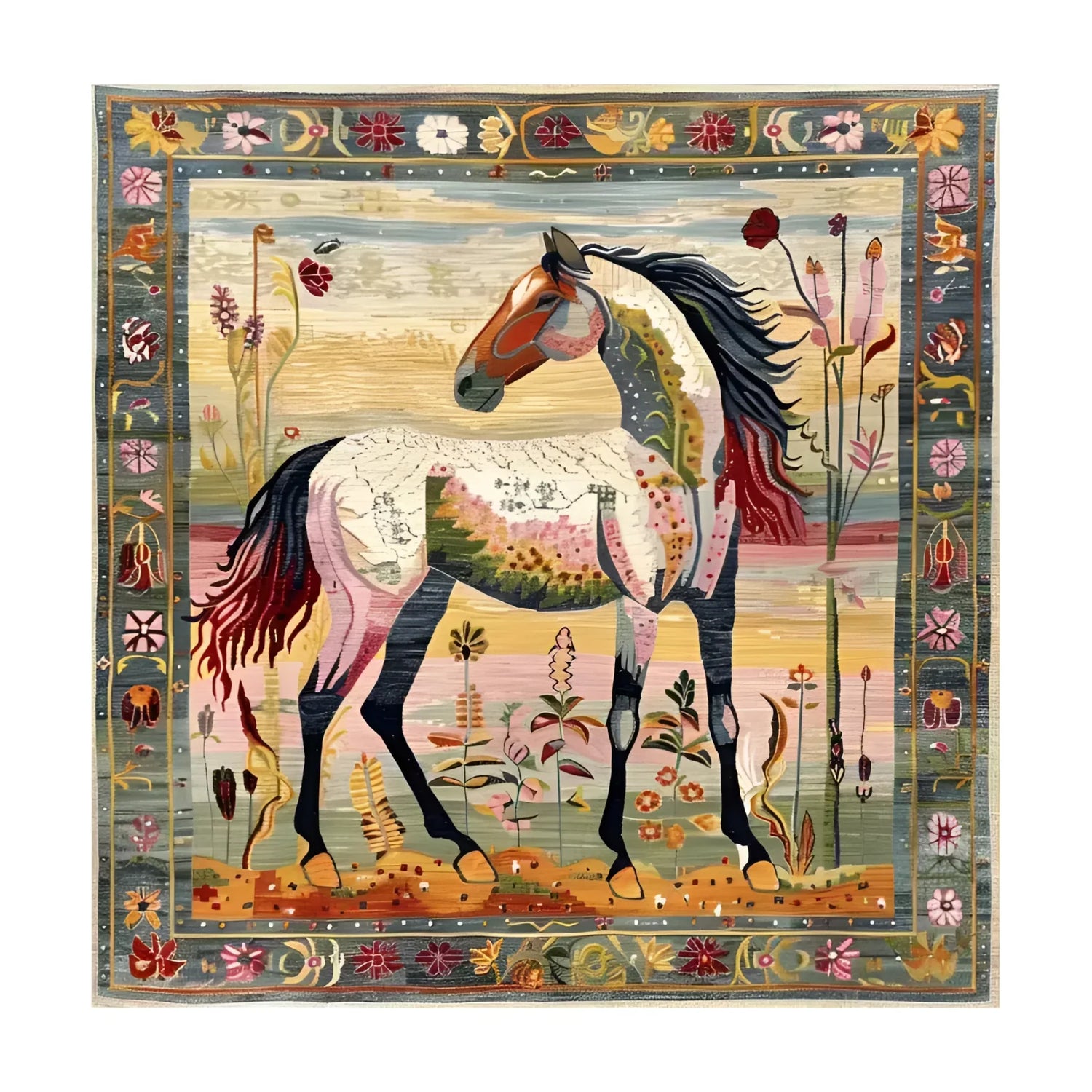 Vibrant Bright Meadow Steed Hand Knotted Area Rug featuring a colorful horse design, perfect for Persian rugs enthusiasts. Ideal as a dining table rug or for adding warmth to dining and living rooms. This wool rug fits seamlessly in living room spaces, especially in an 8x10 size.